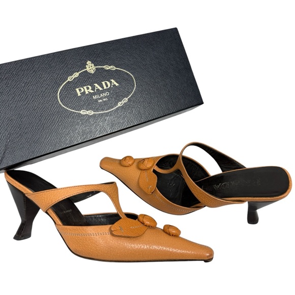Prada Vintage Y2K 2000s Mary Jane Strap Flower Appliqué Kitten Heel Mules - Picture 2 of 10